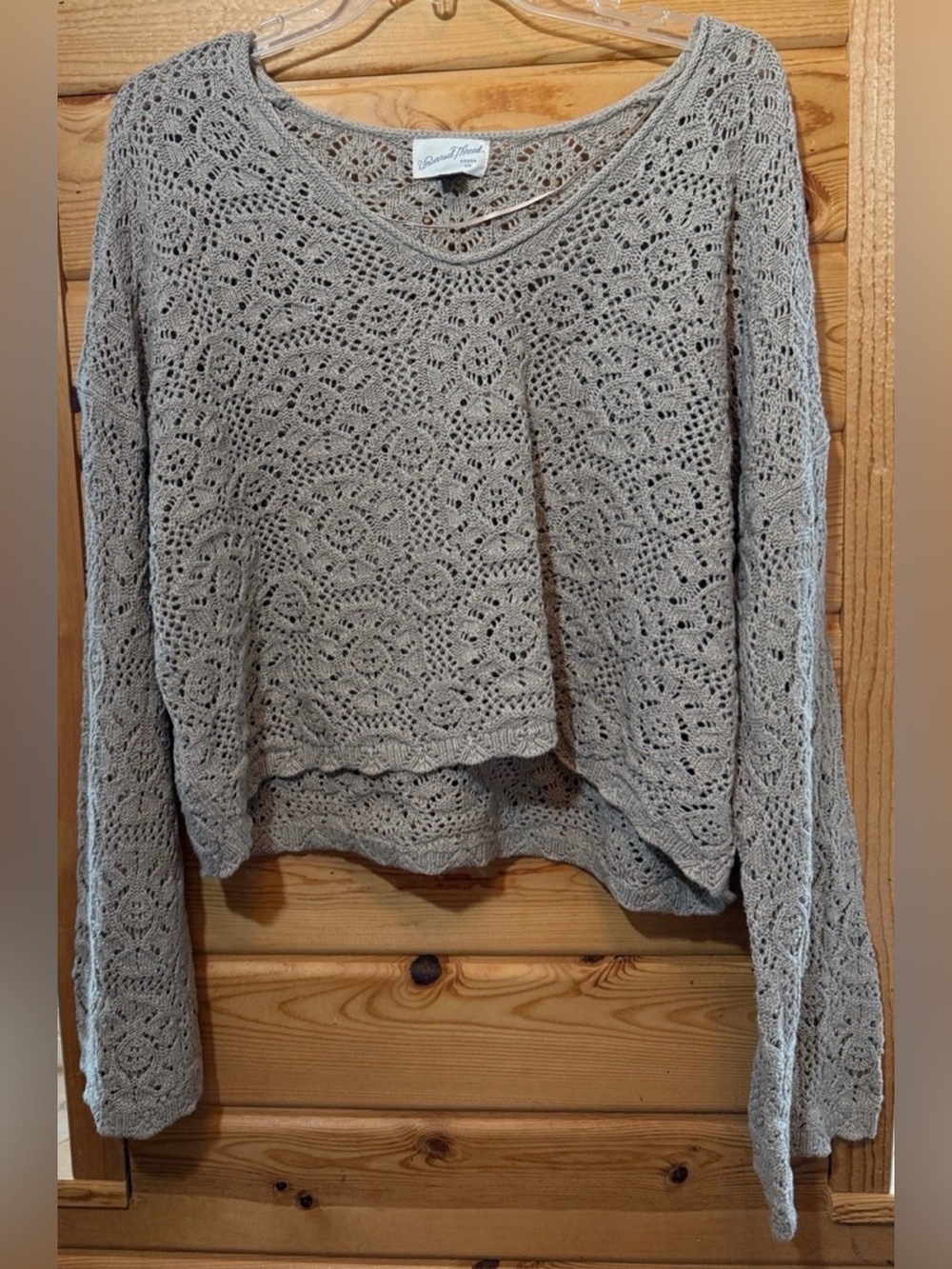 Universal Thread Cotton Crochet Knit V-Neck Sweater - Light Taupe XL